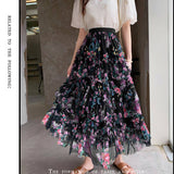 COLORFUL FLORAL MESH PRINT PLEATED TULLE SKIRT_CWBLS0399