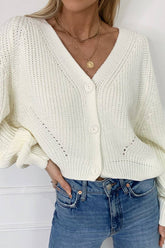 Solid Color V-Neck Lantern Sleeve Button Knit Cardigan