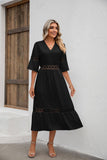 V-Neck Cutout Lace Patchwork Mid-Waist Dress