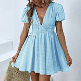 V-Neck Pleated Solid Color Dress