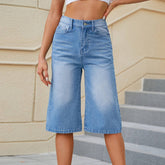 Washed Elastic Waist Denim Capri Pants