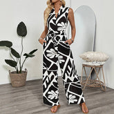 V-Neck Commuter Sleeveless Printed Jumpsuit