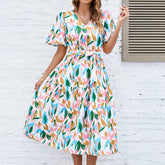 V-Neck Puff Sleeve Tie Waist Maxi Dress