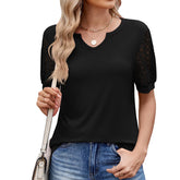 Solid Color V-Neck Lace Short Sleeve T-Shirt