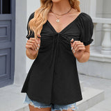 Solid Color Drawstring V-Neck Casual T-Shirt