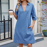 V-Neck Lapel Loose Solid Color Denim Dress