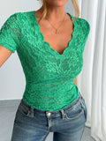 Solid-Color Lace V-Neck Short Sleeve Lace T-Shirt