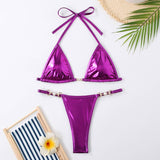 Tie Side Bikini Set Shiny Solid Color Swimsuit