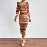 Stylish Wavy Color Striped Slim Longsleeved Dress