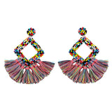 GEOMETRIC DIAMOND SHAPED RICE BEAD TASSEL EARRINGS_CWAJE1043