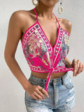 Vacation-Style Printed Knotted Halter Top