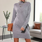 Solid-Color Semi-High Neck Long-Sleeved Dress