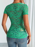 Solid-Color Lace V-Neck Short Sleeve Lace T-Shirt