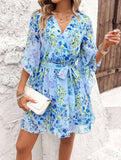 Vacation Floral Tie Waist Chiffon Short Dress