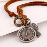 ALARM CLOCK VINTAGE TOP LAYER LEATHER NECKLACE_CWMM4625