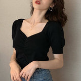 Vintage V-Neck Puffy Sleeve Knit Base T-Shirt