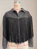 Washed Long Sleeve Denim Jacket With Fringe
