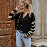 V-Neck Color Matching Knit Striped Cardigan