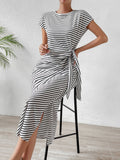 Striped Slim-Fit Waist Slimming Round Neck Dress