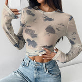 FLORAL PRINT MESH LONG SLEEVE FITTED CROP TOP_CWTBLL3428