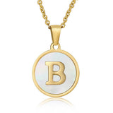 Cwaje1934_Round Stainless Steel White Shell Letter Necklace