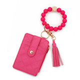 CHECKERED PU CARD WALLETWITH BEAD BRACELET KEYCHAIN_CWAB4958