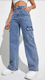 Womens Cargo Multi-Bag Straight-Leg Denim Pants