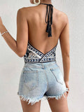 Vacation-Style Printed Knotted Halter Top