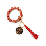 LEOPARD WOOD BEAD BRACELET WITH TASSEL KEYCHAIN_CWAB5107