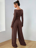 Solid-Color Long-Sleeved Wide-Leg Long Pants Set