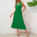 V-Neck Pleated Belted Bodycon Midi Dress