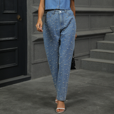 PEARL EMBELLISHED JEANS WASHED STRAIGHT LEG_CWJP0614
