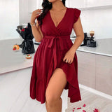 V-Neck Solid Color Tie Waist Ruffle Sleeve Dress_Cwdmd6055