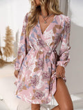V-Neck Floral Print Short Cinched Waist Dress