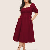 SUMMER PUFF SLEEVE MIDI DRESS WITH POCKETS_CWDMD6037