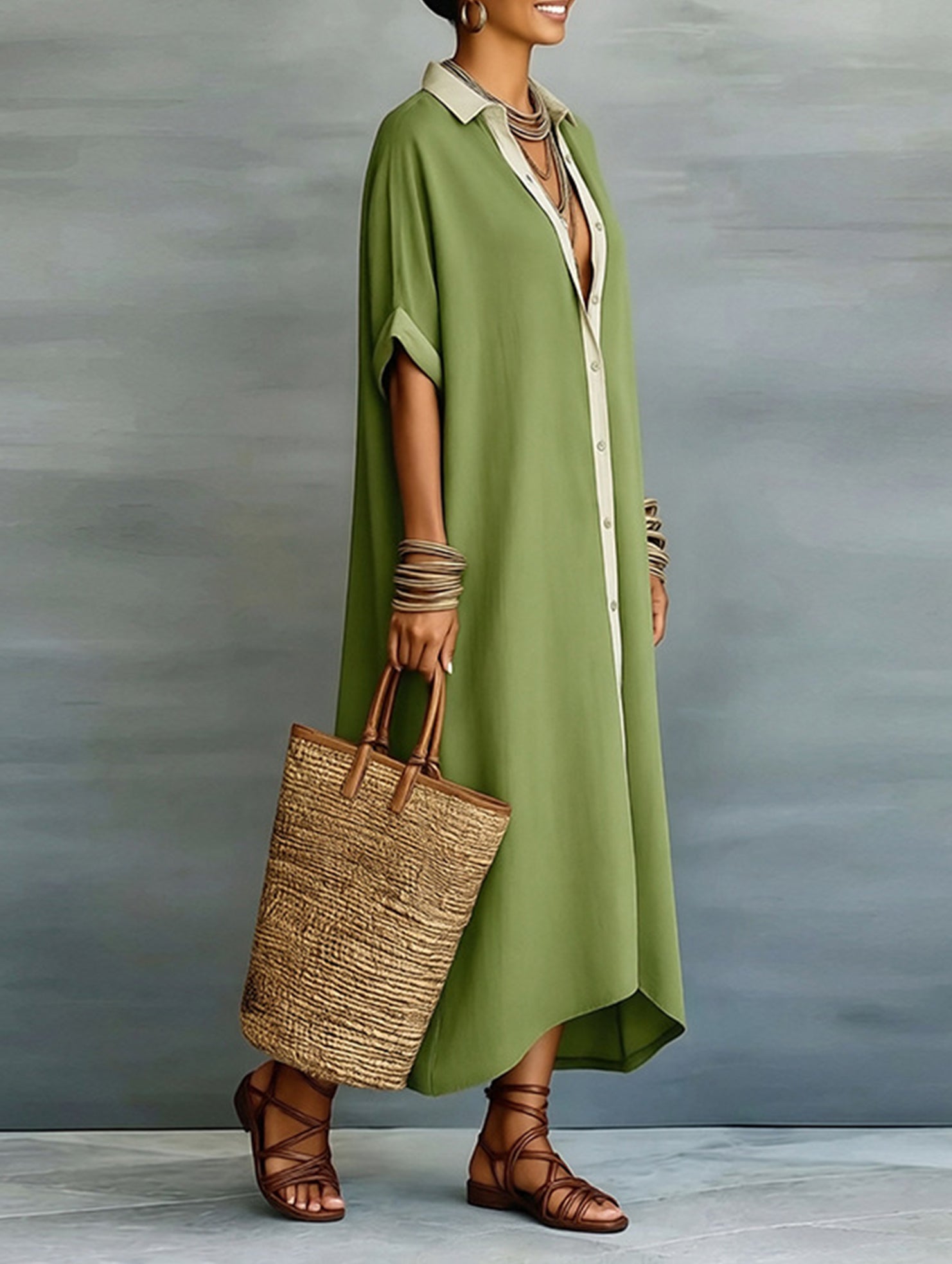 Casual Solid Buttoned Midi Dress_CWDMD02911
