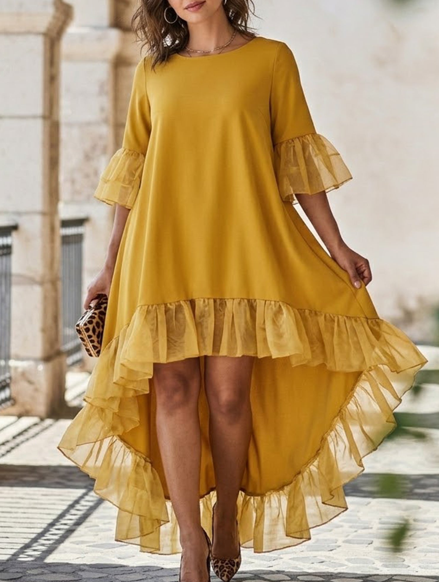 Lace Patch Irregular Party Dress_CWDMD02857