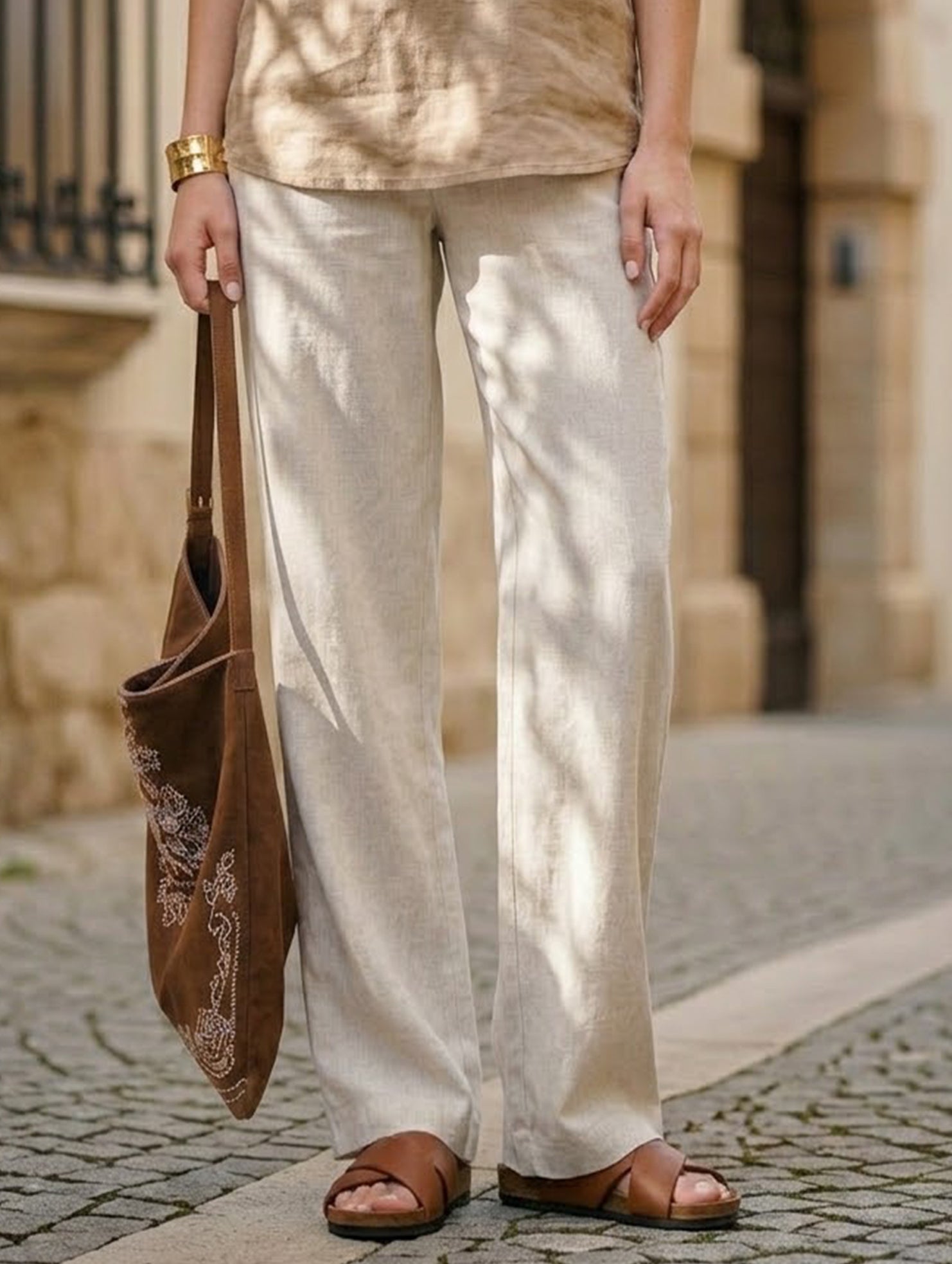 Linen High Waist Straight Pants_CWBLP01687 - WHITE (S) 1