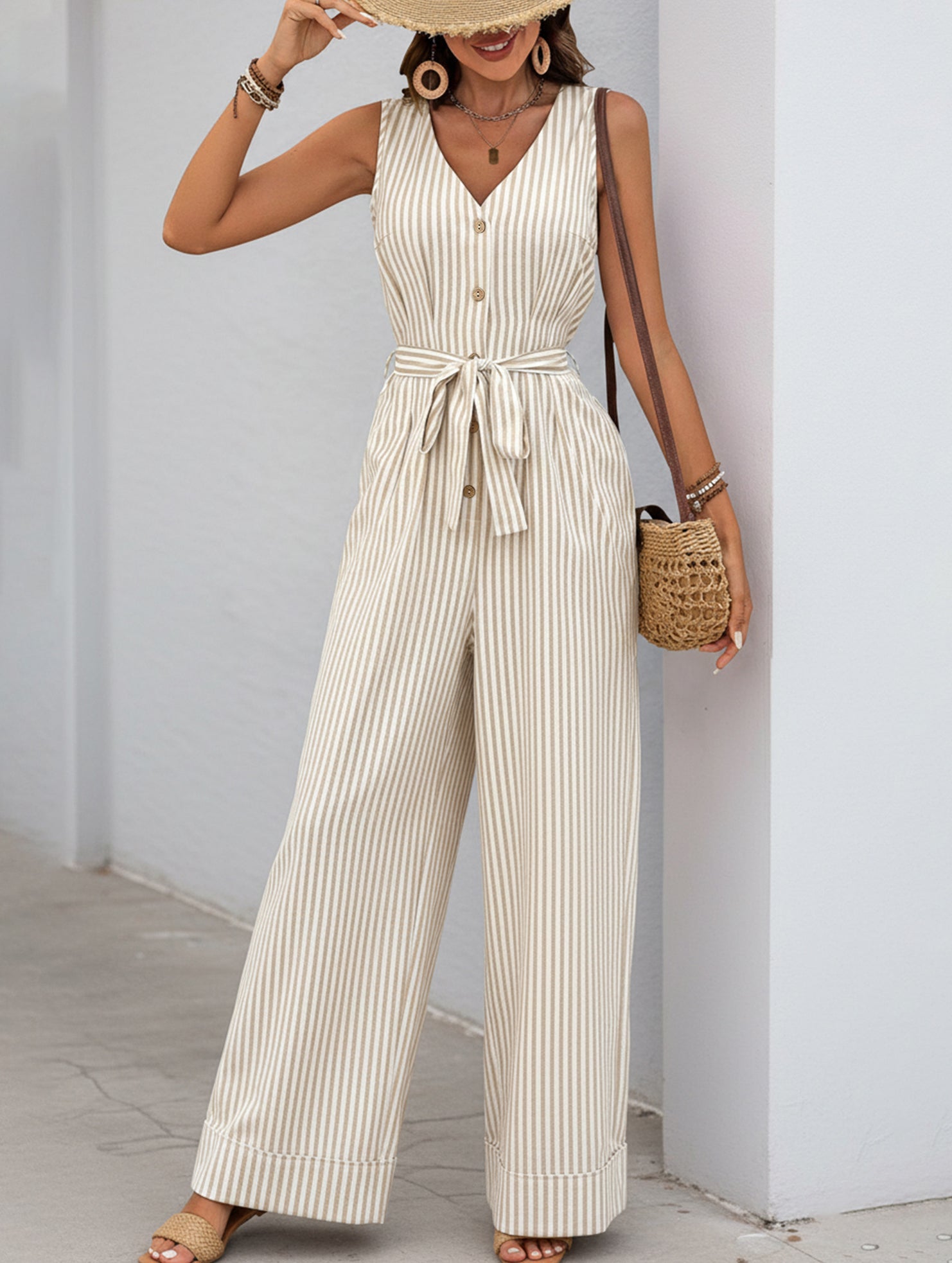 Stripe V Neck Tie Jumpsuit_CWSJS00540 - KHAKI (S) 1