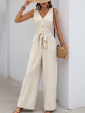 Stripe V Neck Tie Jumpsuit_CWSJS00540 - KHAKI (S) 1