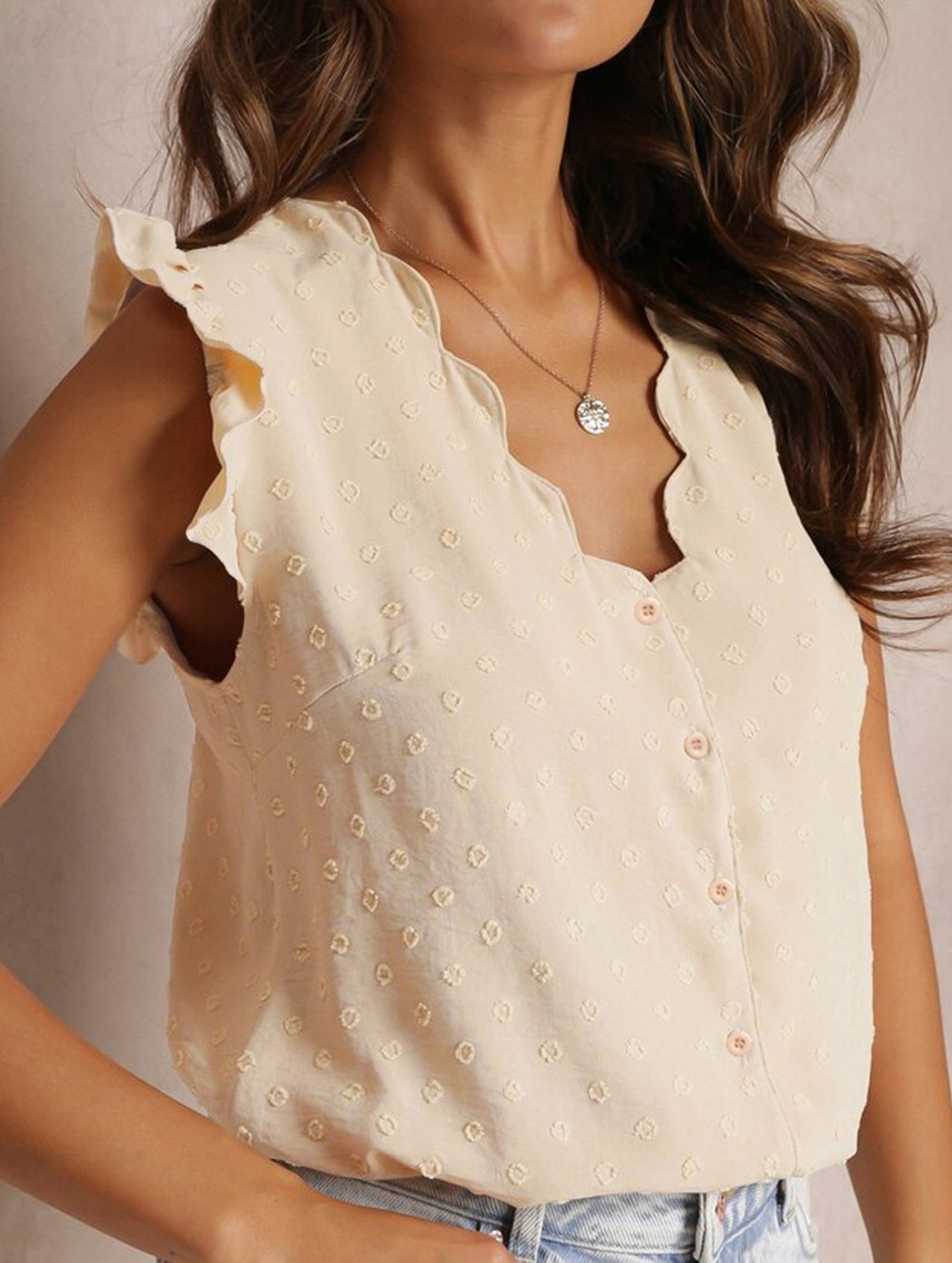 V Neck Flutter Sleeve Blouse_CWTSTS00915