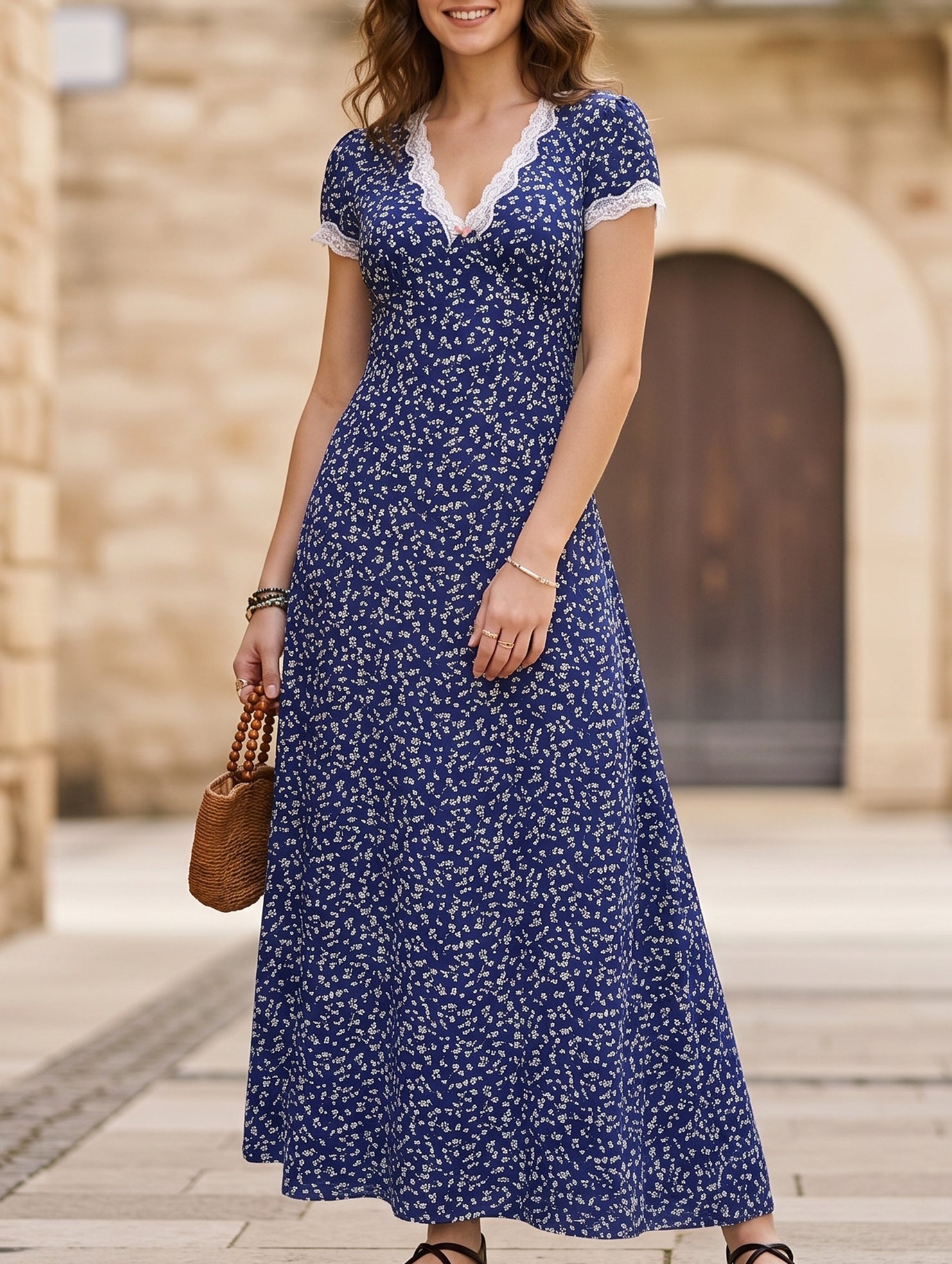 Lace Patch Floral V Neck Maxi Dress_CWDMD02895 - NAVY (S) 1