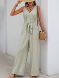 Stripe V Neck Tie Jumpsuit_CWSJS00540