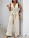 Stripe V Neck Tie Jumpsuit_CWSJS00540