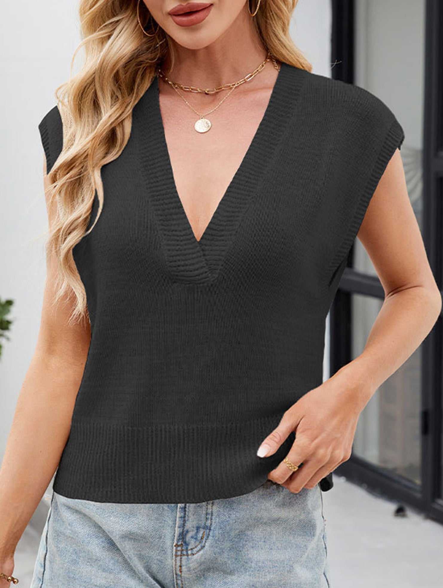 V Neck Knit Tank Top_CWTTK00550