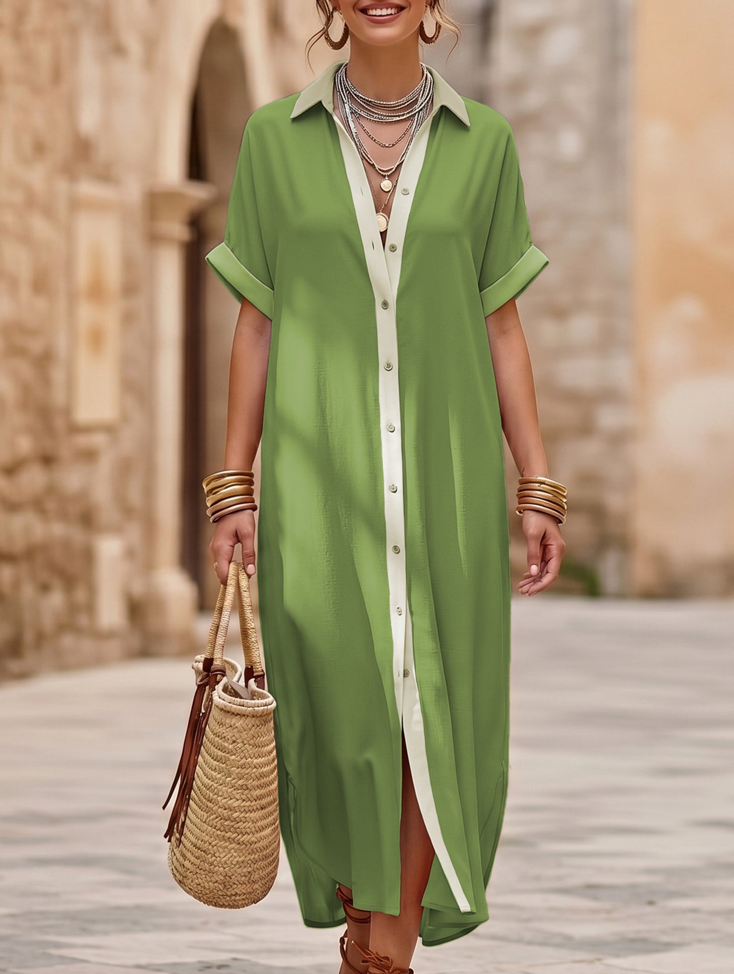 Casual Solid Buttoned Midi Dress_CWDMD02911
