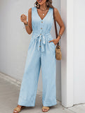 Stripe V Neck Tie Jumpsuit_CWSJS00540