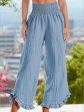 Smocked Waist Ruffled Wide-Leg Pants ??Casual High-Rise Flowy Trousers
