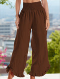 Smocked Waist Ruffled Wide-Leg Pants ??Casual High-Rise Flowy Trousers