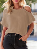 Off Shoulder Short Sleeve Knit T-Shirt ??Cotton Blend Casual Top